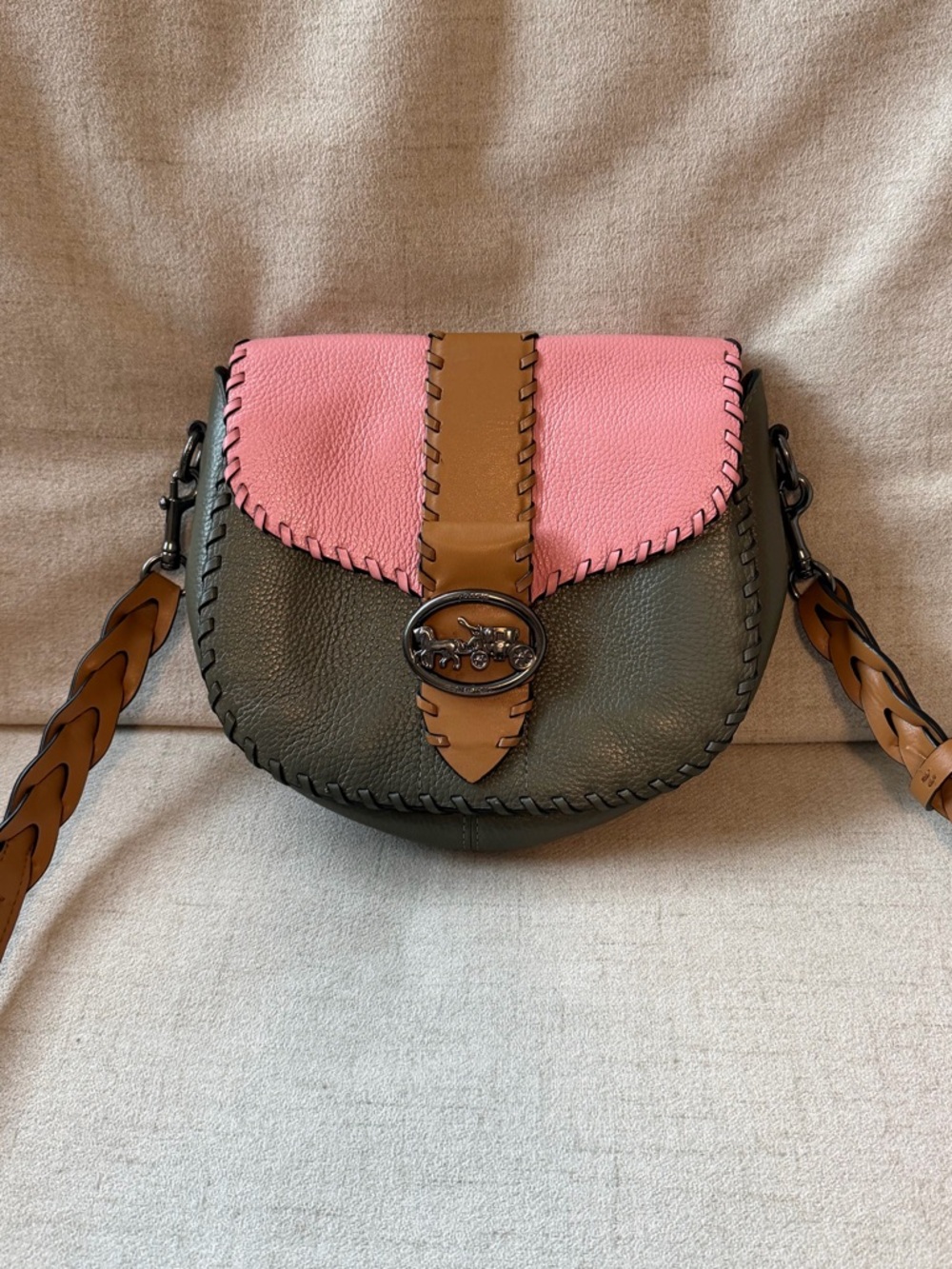 Coach Pink, Olive & Tan Leather Crossbody Saddle Bag - Picture 9 of 12